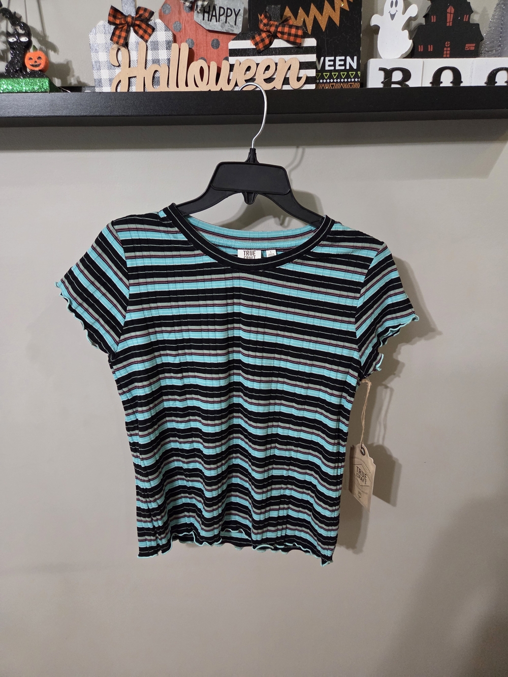 True Craft Striped Ribbed Short Sleeve Top - Black & Teal